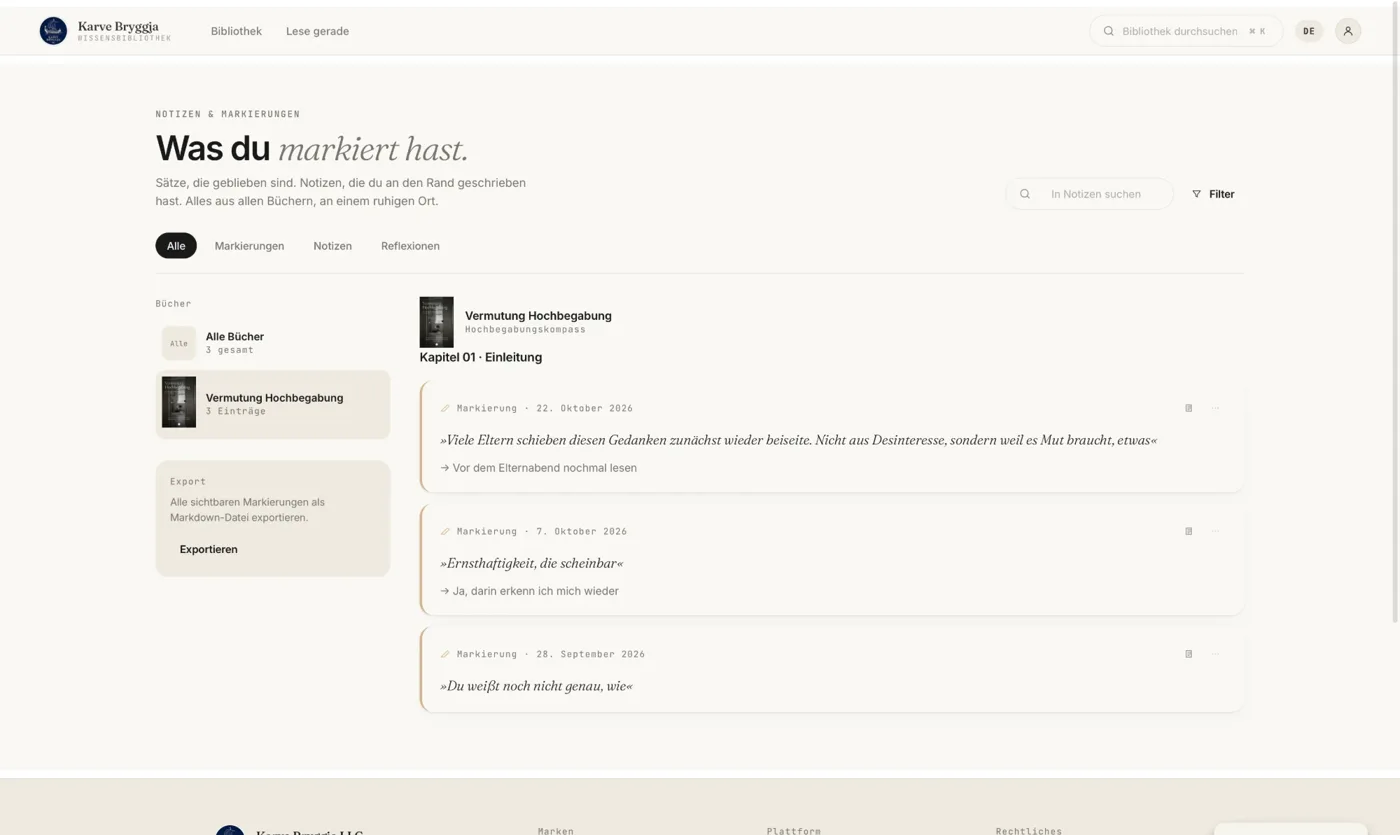 Notizen und Markierungen, sortiert nach Buch und Kapitel
